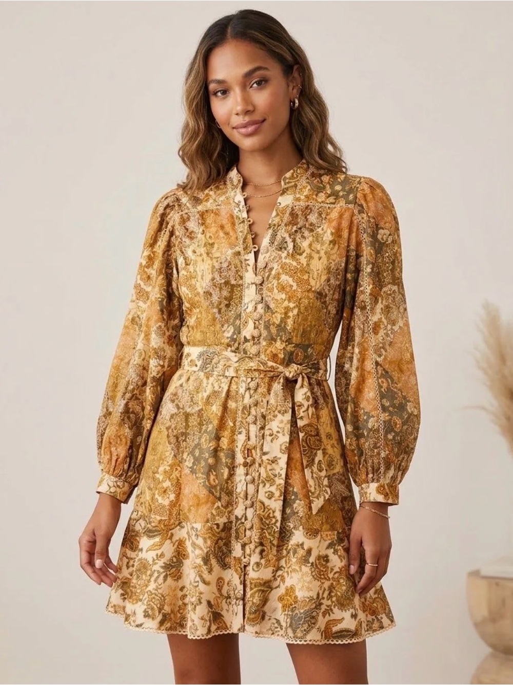 NEW | ANNA CATE | Floral Patchwork Belted Mini Dress | Mustard | Fall Sz XS